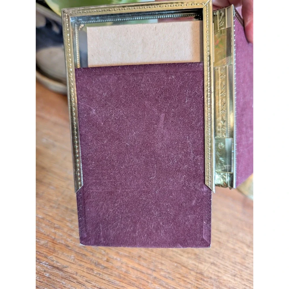 Vintage Mid Century Brass Toned Triptych Hinged Picture Frame Floral Embossed